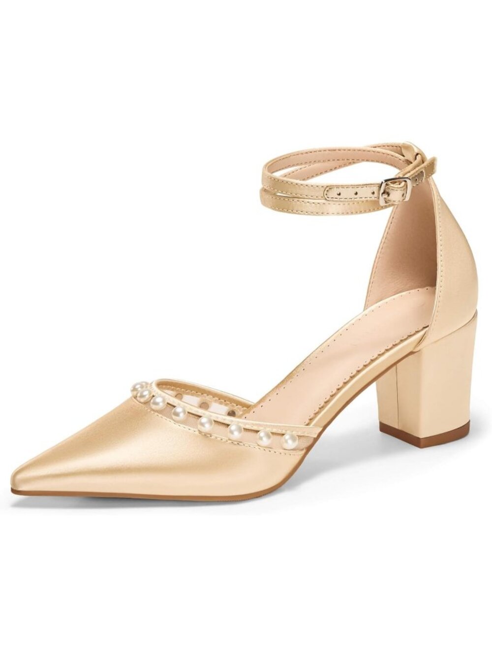 Women's Champagne Gold Pearl Heels Shoes for Bride Closed Pointed Toe Ankle Pump